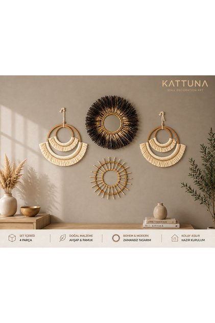 Wall Decoration Art Premium Rafya Ve Makrome 4’lü Set