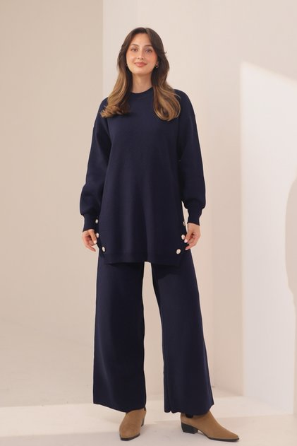 Women's Knitwear Fabric Button Detailed 2-Piece Knitwear Set 8576 Navy Blue