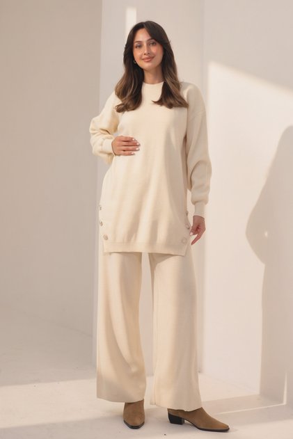 Women's Knitwear Fabric Button Detailed 2-Piece Knitwear Set 8576 Ecru