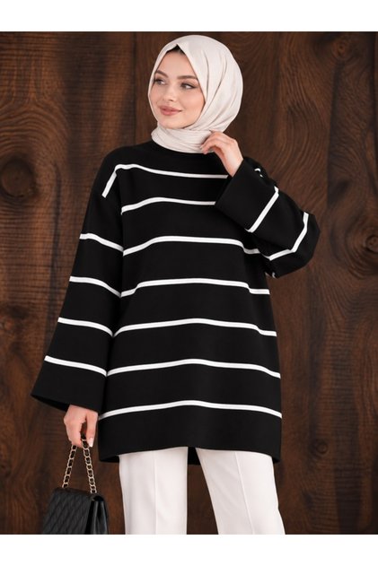 Black Oversize Striped Half Fisherman Women's Knitwear Tunic Sweater