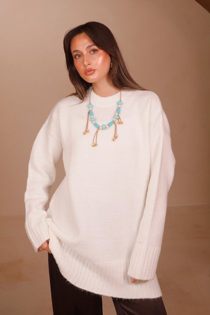Women's Crew Neck Loose Cut Basic Soft Knitwear Tunic 8560 White