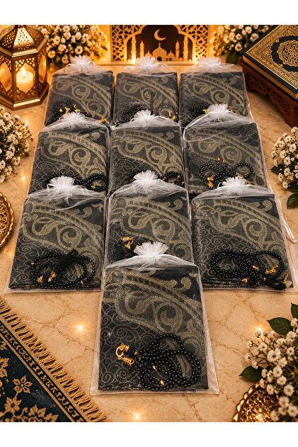 10 Pieces Black Gift Set (Dowery-Set-Mevlüd-Hac&Umre) Prayery Mat and Tasbih Set with Bag