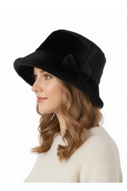 Kurdele Detaylı Peluş/Kürk Kışlık Şapka (Cloche Stili)