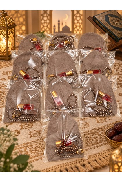 10 Pieces of Coffee Men's Skullcap, Prayer Beads, Fragrance Set, Hajj Umrah Gift