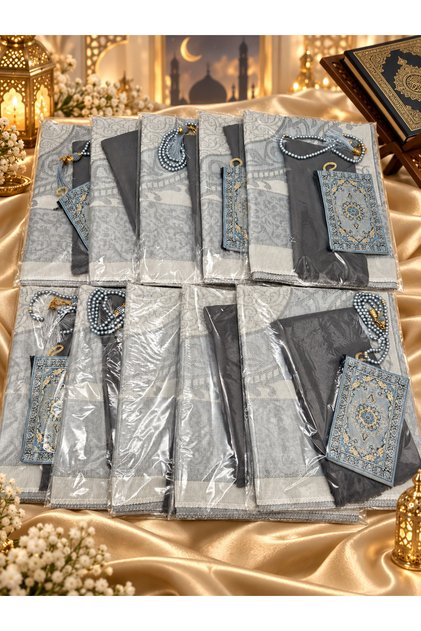 10 pieces of gray gift (dowry-mevlut-hajj-umra) prayer mat with flame cover wallet rob