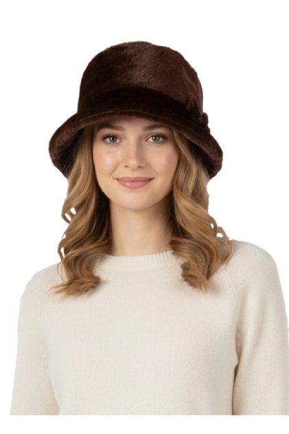Plush/Fur Winter Hat (Cloche Style) with Brown Ribbon Detail