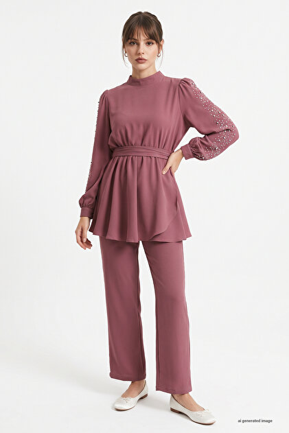 Sleeve Pearl Waist Gathered Dusty Rose Set
