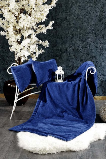 3 Piece Diamond Velvet Bed Runner And Pillowcase Set Navy Blue