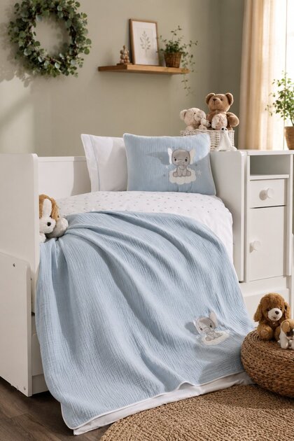 5-piece blue muslin swaddle 100% cotton 3d elephant print baby bedding set