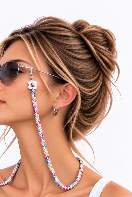 Painted Tip with Colorful Beads and Flower - Handmade Glasses Rope Strap