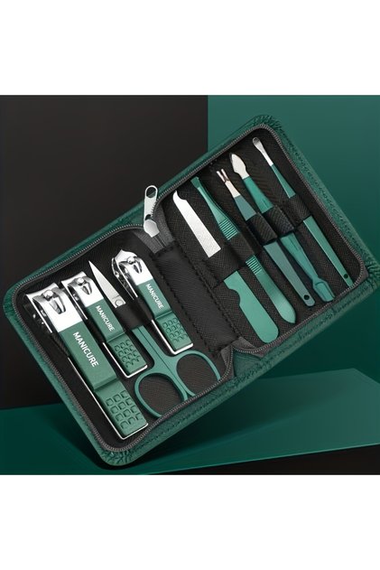 Green 9 PCS SET 6/9Pcs Set Stainless Steel Manicure Set Portable Beauty Kit with Nail Clippers Sciss