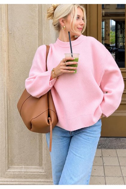 Women's Pink Crew Neck Oversize Knitwear Soft Sweater