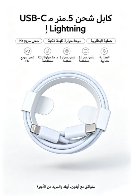 كابل USB‑C إلى Lightning بطول 1.5 متر، سلك شحن سريع PD، كابل شحن متين مقاوم للانحناء لأجهزة iPhone وiPad Lightning