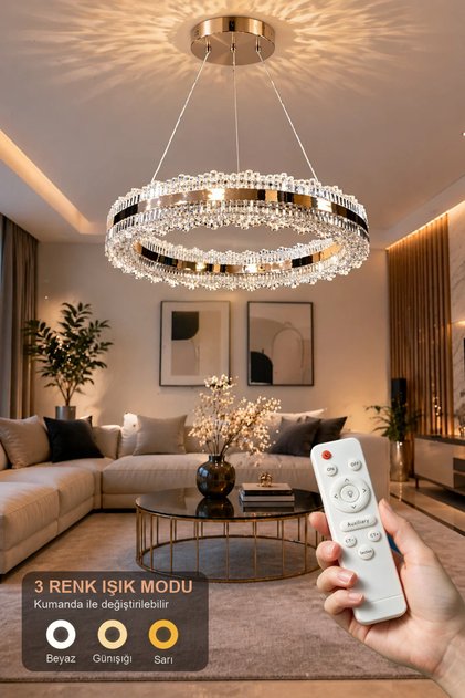Asalet Lüks Gold Kaplamalı Çift Yönlü Aydınlatmalı Kumandalı Dimmerli 3 Renk Ledli Avize Led Avize- Çap 40 cm