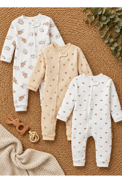 Unisex Baby Rompers Set of 3 9-18 Months Zippered Cotton Ribbed Teddy Bear Star Patterned