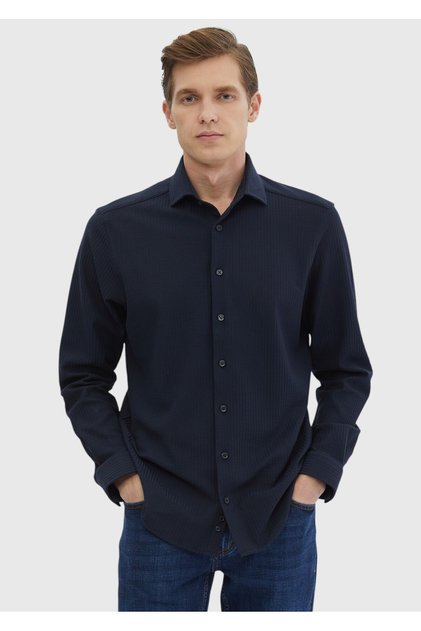 Lacivert Çizgili Casual Fit Uzun Casual %100 Pamuk Gömlek