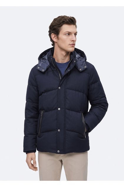 Lacivert Regular Fit Kapüşonlu Dokuma Mont