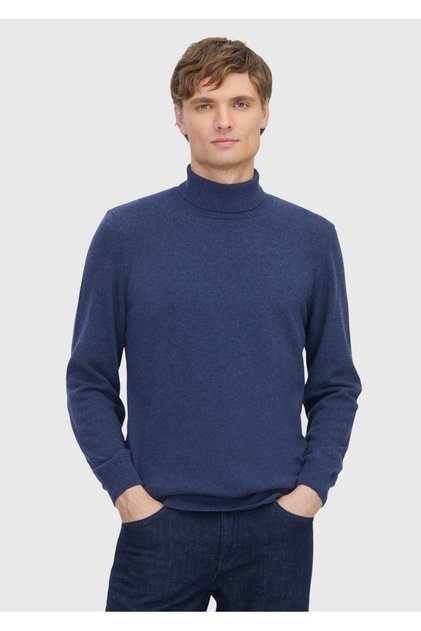 Indigo Full Turtleneck Solid Knit Wool Blended Knitwear Sweater