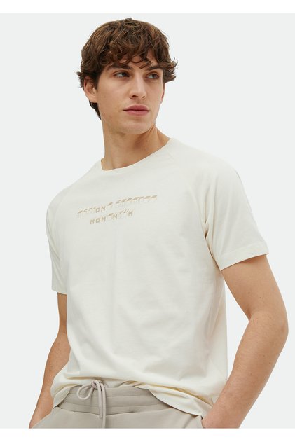 Ecru Printed Crew Neck 100% Cotton T-Shirt
