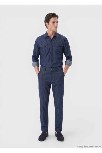 Indigo Plain Denim Straight Fit Casual Cotton Blend Trousers