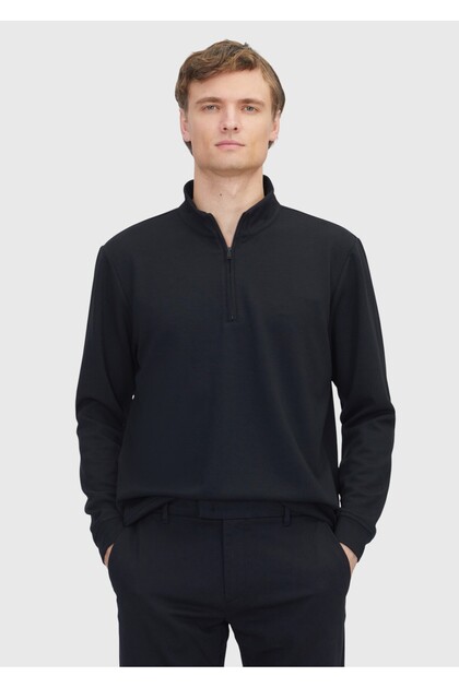 Siyah Dik Yaka Düz Sweatshirt