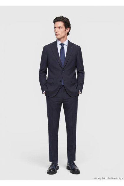 Navy Blue Striped Modern Fit Wool Blend Suit