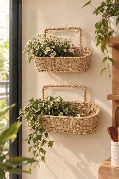 Car 6033 Hanging Rattan Basket in 2 Sizes - 2-Piece Rattan Flower Pot
