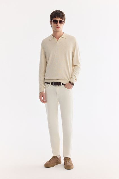 Erkek Ekru Düz Yıkamalı Pamuklu Elastan Madrid Comfort Slim Fit Jean Pantolon A61Y3508