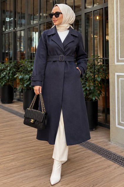 Navy Blue Hijab Suede Cap with Buckle Belt 62461L