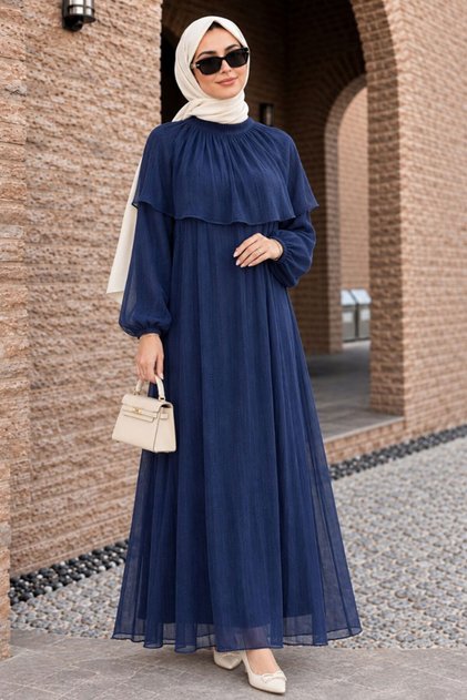 Cape Detailed Gathered Janjan Chiffon Navy Blue Hijab Evening Dress 80401L