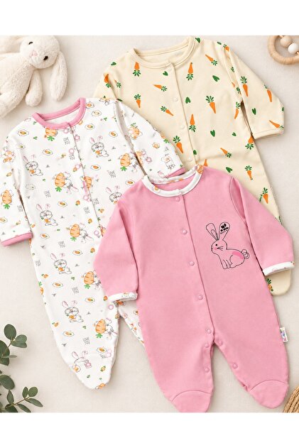 Organik Kız Bebek desenli 3lü Tulum Takımı Yenidoğan kıyafet 3-6-9 ay 3lü Pamuklu 3 Parça