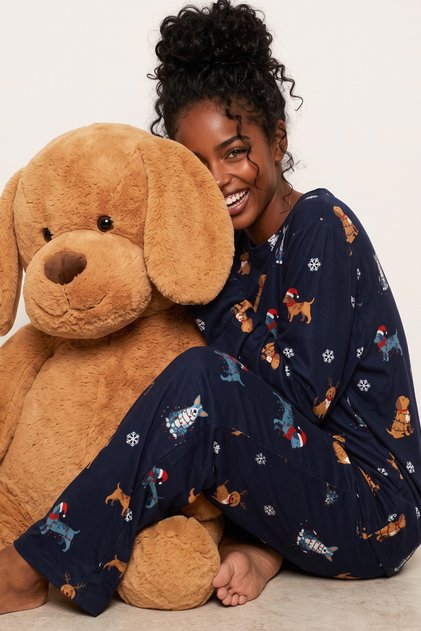 Navy Blue Patterned Thermal Fabric Ultra Soft Knitted Pajama Set