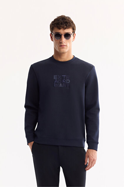 Erkek Lacivert Bisiklet Yaka Pamuklu Bi-Stretch Baskılı Regular Fit Sweatshirt A52Y1247