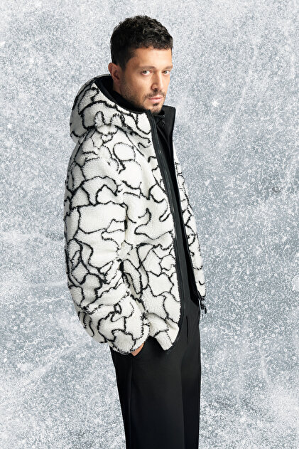 Men's White Hooded Double-Sided Windproof Plush Regular Fit Coat A52Y6116