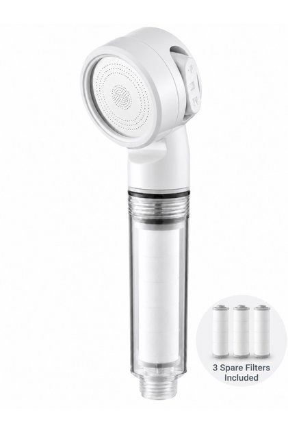 Filtered Handheld Shower Head with 3 Spare Filters, 3 Spray Modes, Transparent Handle, Cream White