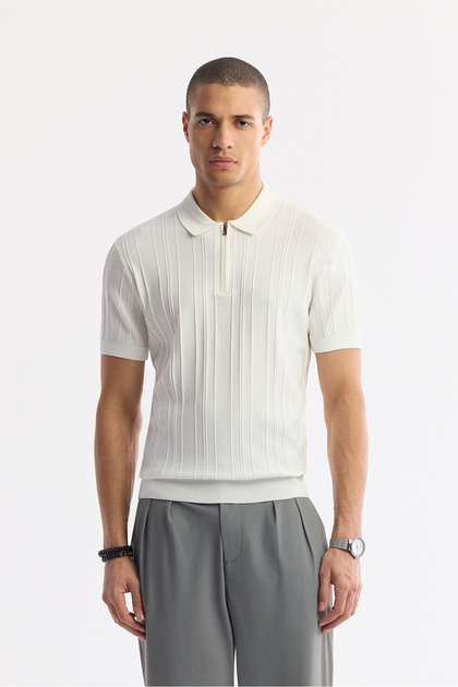 Men's Ecru Polo Neck Rayon Knitwear Regular Fit T-Shirt A51Y5046