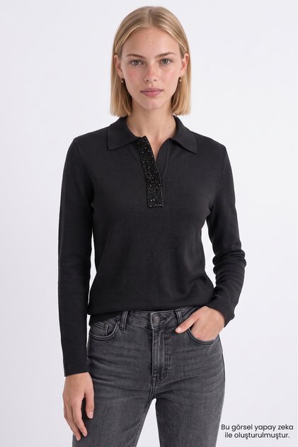 Handcrafted Polo Collar Long Sleeve Regular Knitwear Blouse