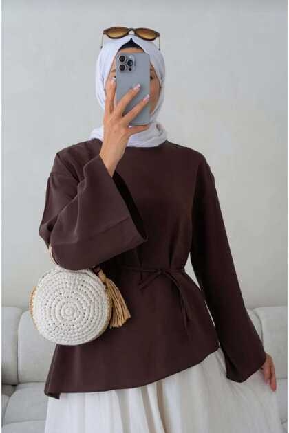 Brown Waist-Tied Hijab Tunic Asymmetrical Cross-Cut Wide Sleeve Loose Summer Women's Tunic Casual Stylish Blouse
