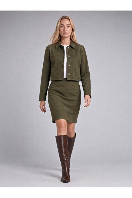 Women's Khaki Suede Buttoned Jacket