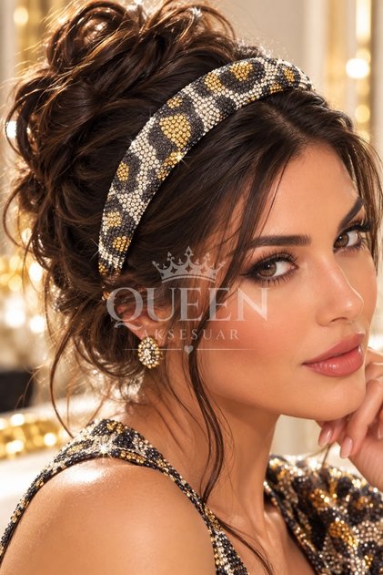 Luxury Design Leopard Snake Pattern Crystal Shiny Stone Wide Women's Crown Sponge Bumpy Crown Black Coffee
