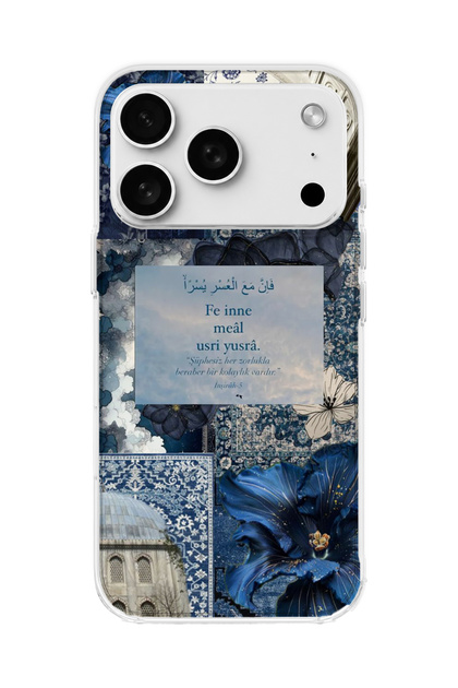 iPhone 18 Pro Max Compatible Navy Blue Flower Verse Printed Transparent Phone Case