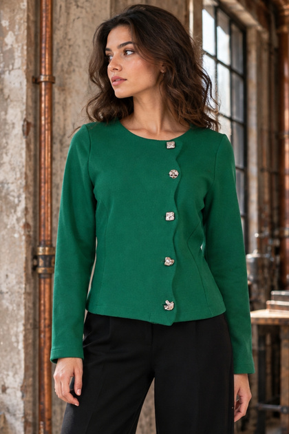 Women's Green Asymmetrical Closure Buttoned Fitted Felt Fabric Jacket Arm-27K001030