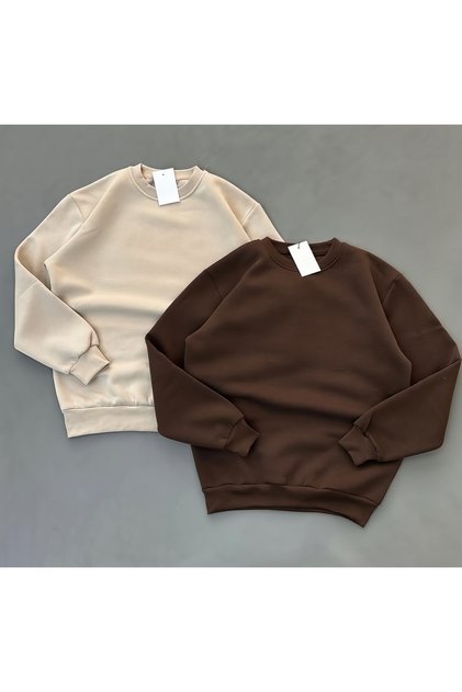 Men's Beige and Brown Thick Crew Neck Oversize Cut 3 Thread Sweatshirt
