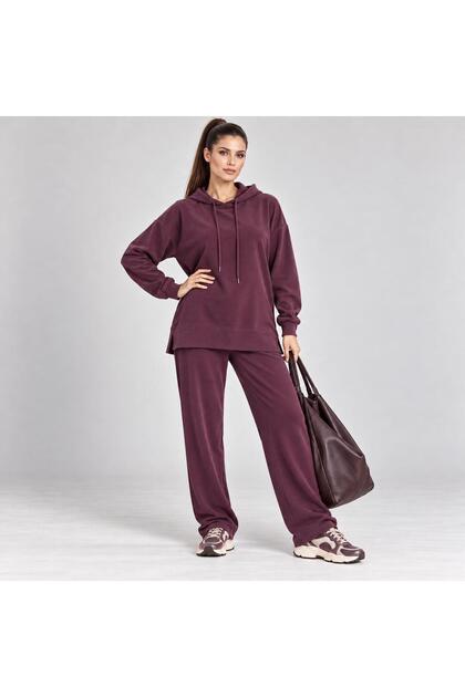 Women's Modal Pique Fabric Hooded Casual Top and Bottom Set Mta2580