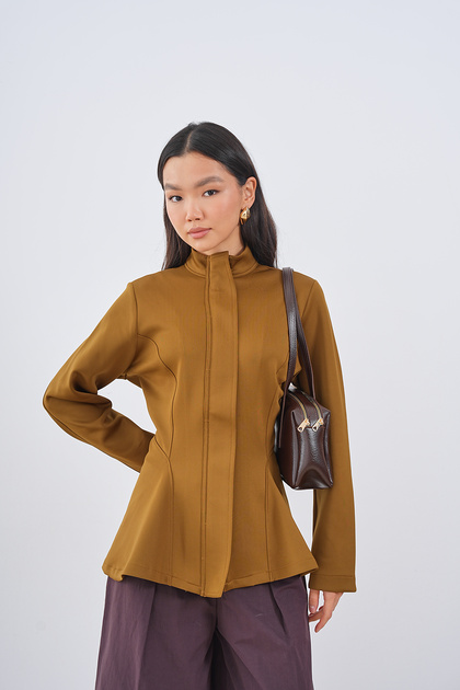 Women's Tunic with Handles on the Front, Grass Detail, High Collar, Zipper, Olive Green