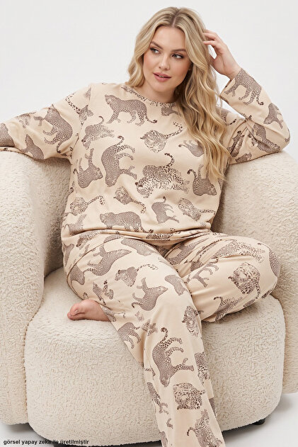 Skin Color Leopard Printed Large Size Oversized Knitted Pajama Set 8089
