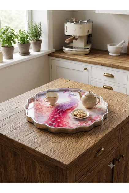 Decorative Glass Printed Floral Pattern Tray – Multi-Purpose Presentation Tray and Decorative Kitchen Board – Wavy Edge Design