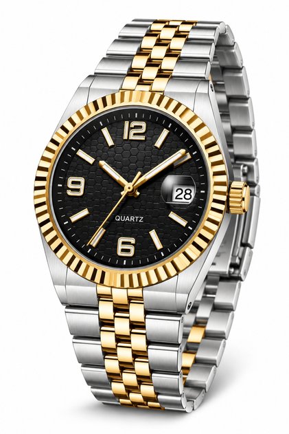 Men's Wristwatch Grey Golden Yellow Steel Band Black Honeycomb Pattern Dial Quartz Movement Calendar 3 Atm
