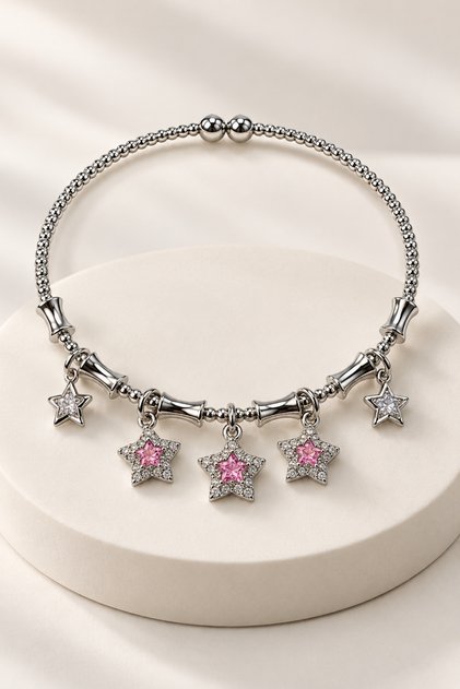 Adjustable Steel Bracelet Suitable for Young People and Children, Star Figured Zircon Stone Charm Model, Silver Color