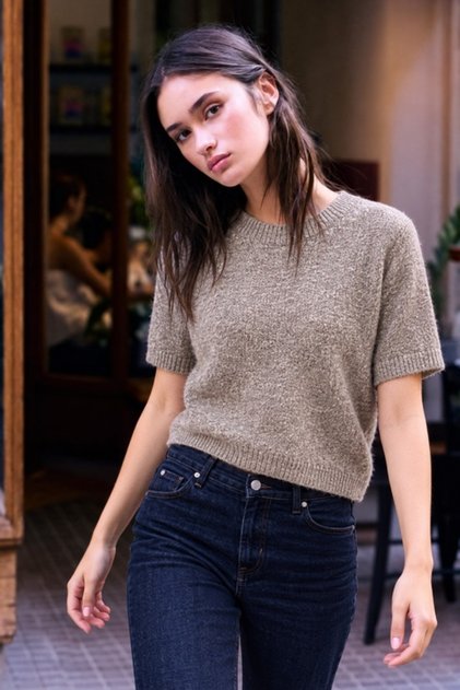 Women's Crew Neck Short Sleeve Cream Knitwear Sweater